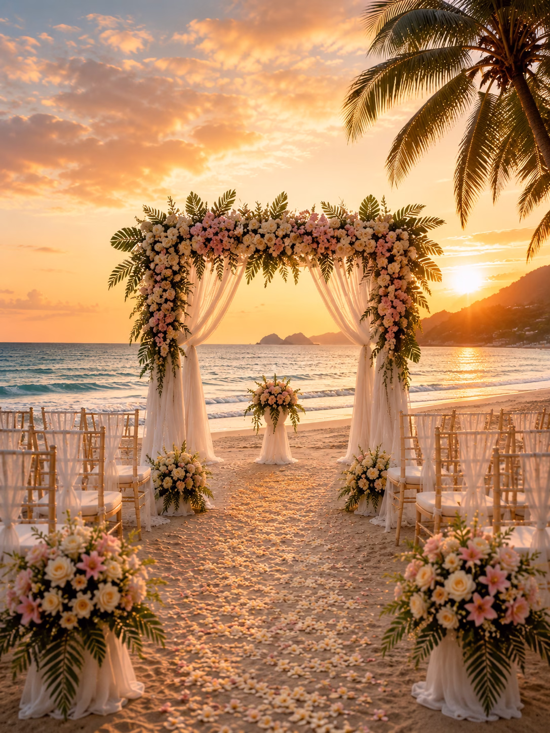 Luxury beach wedding setup in Phuket Thailand with pink and white tropical floral arch at golden sunset