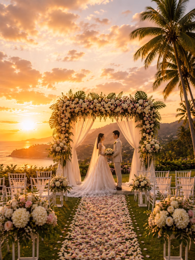 Phuket Luxury Wedding Planner in Thailand | Best Time of Year for a Wedding in Phuket Complete 2026 Guide Romantic outdoor wedding ceremony in Phuket Thailand with floral arch and sunset ocean view
