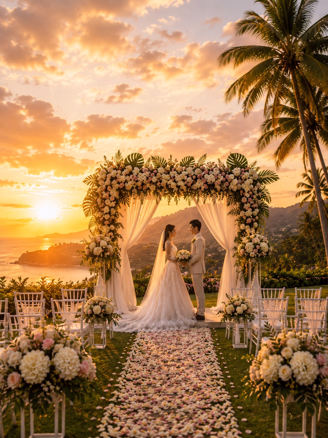 Romantic outdoor wedding ceremony in Phuket Thailand with floral arch and sunset ocean view