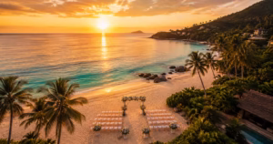 Phuket Luxury Wedding Planner in Thailand | Best Beaches in Phuket for a Wedding Ceremony Complete 2026 Guide Aerial view of luxury beach wedding setup in Phuket Thailand with floral arch and sunset over the Andaman Sea