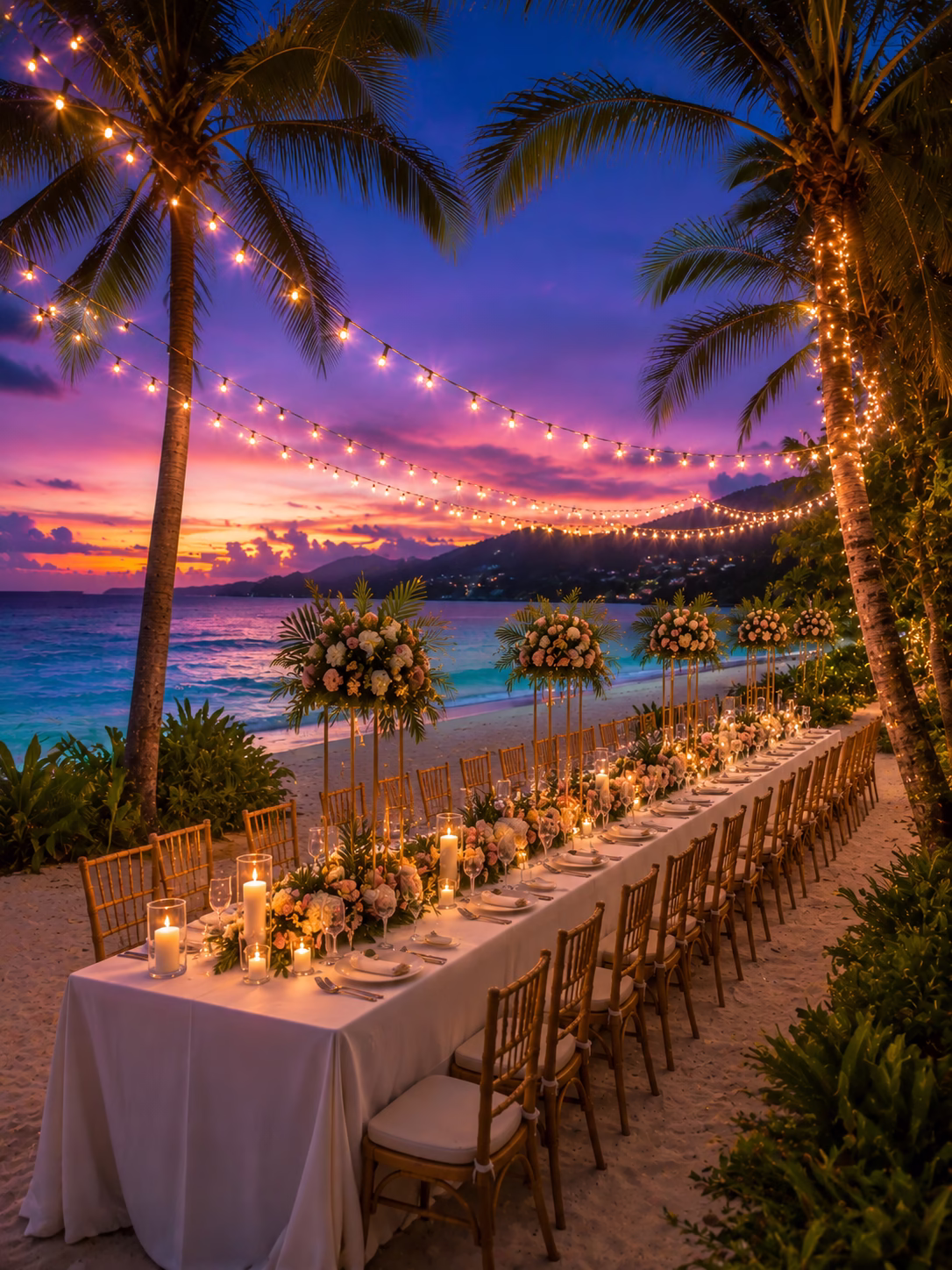 Luxury beachfront wedding reception dinner in Phuket Thailand with elegant table setup and sunset string lights