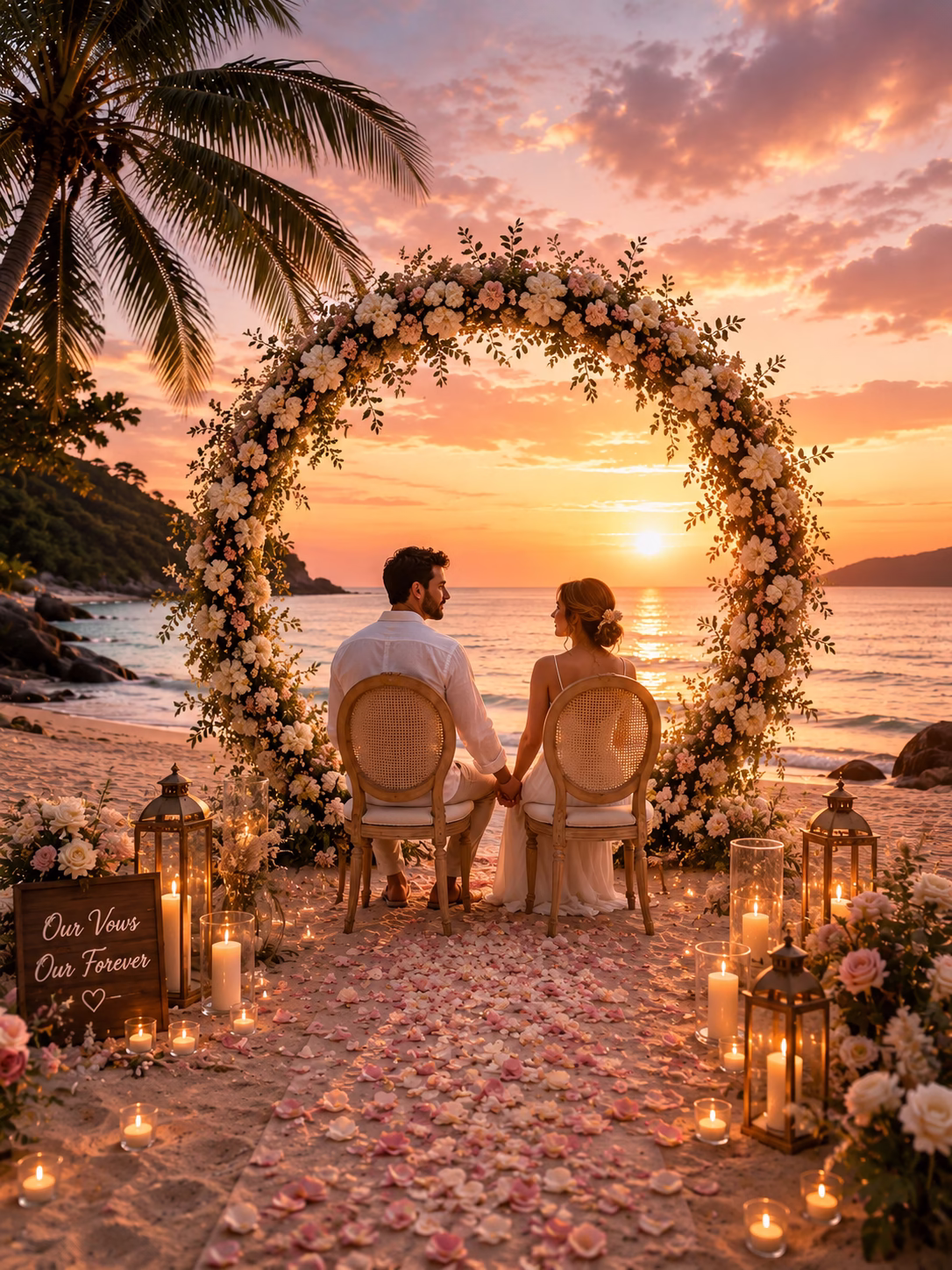 Phuket Luxury Wedding Planner in Thailand | Vow Renewal in Phuket Your Complete 2026 Guide Couple celebrating a romantic vow renewal ceremony on a Phuket beach at sunset under a floral arch