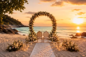 Phuket Luxury Wedding Planner in Thailand | Vow Renewal in Phuket Your Complete 2026 Guide Romantic vow renewal ceremony setup on a Phuket beach at sunset with circular floral arch and ocean view
