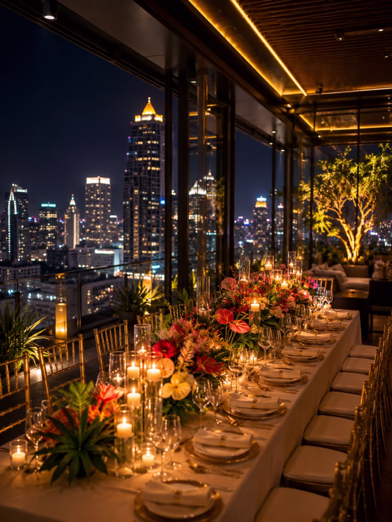 Phuket Luxury Wedding Planner in Thailand | Top 10 Best Event Venues in Bangkok, Thailand Complete 2026 Guide Luxury rooftop event venue in Bangkok Thailand with elegant dining setup and city skyline at night