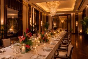 Phuket Luxury Wedding Planner in Thailand | Top 10 Best Event Venues in Bangkok, Thailand Complete 2026 Guide Luxury private dining event setup inside a Bangkok hotel ballroom with elegant banquet table and chandelier lighting